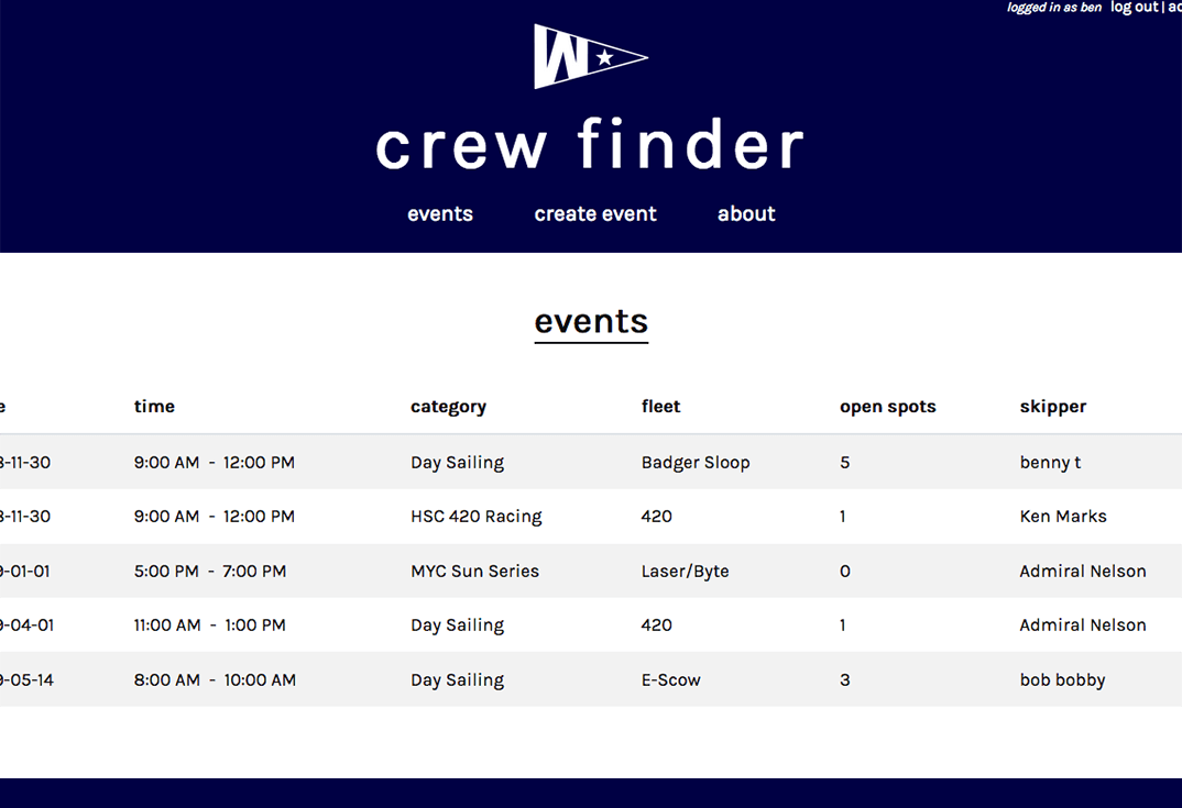 screenshot of events page listing sailing events