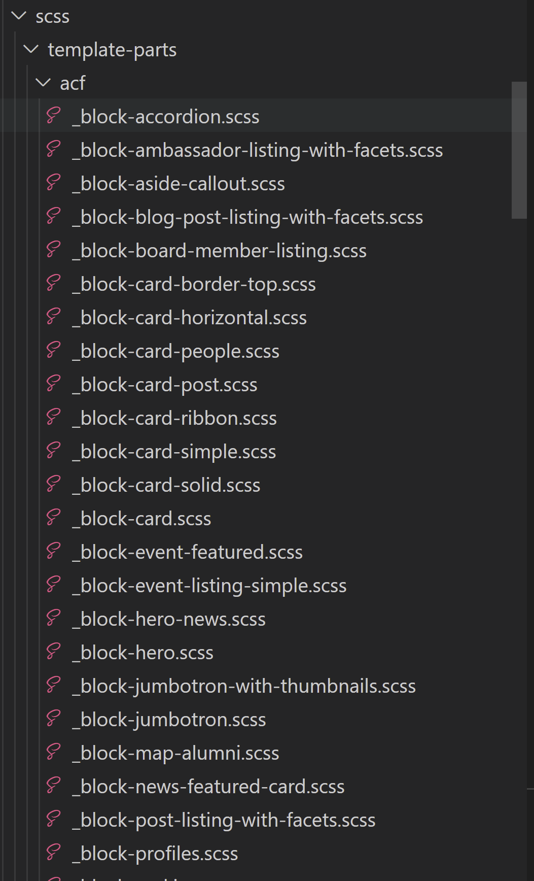 screenshot of SCSS file structure by component in code editor